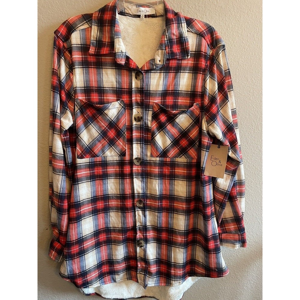 NWT Eden & Olivia Red Blue Plaid Flannel Sherpa Shirt 1X